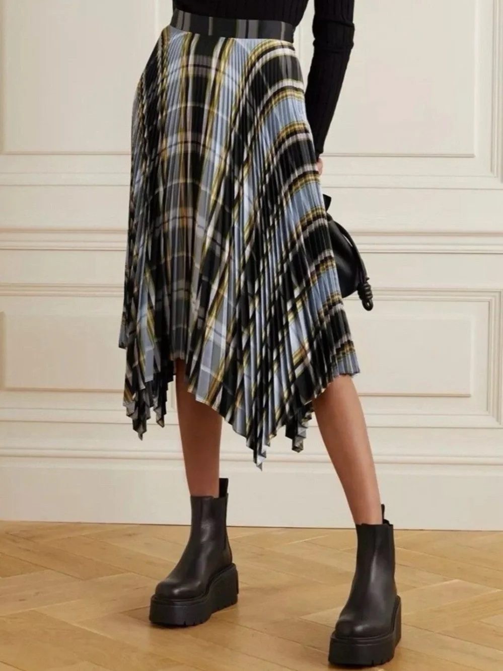 Tory Burch Sunburst Madras Plaid Pleated Silk Skirt